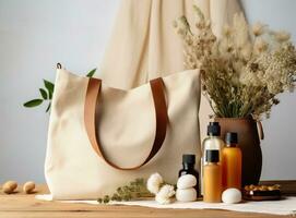 A bag with cosmetics is filled with natural things photo