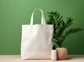 A bag with cosmetics is filled with natural things photo