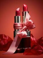 Lipsticks on red background photo