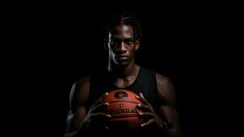 African american male basketball player holding ball on black background in studio photo