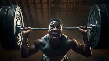 retrato de un joven africano americano hombre levantamiento un barra con pesas foto
