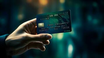 Close up of human hand holding credit card. Online shopping concept. photo