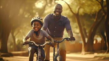 African american father and son on a bike ride in the park photo