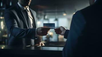 Businessman in suit giving credit card to another man in hotel lobby photo