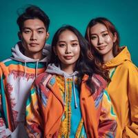 A group of Asian gen z models posing in modern Bold Modern style outfits AI generated photo