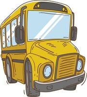 gracioso mirando dibujos animados amarillo autobús con alumnos en blanco antecedentes vector