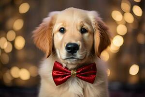 Dog wearing a red bow tie, Generative AI photo