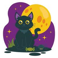 Halloween illustration set. Black cat, candy, spider. Background with big moon and stars. Vector graphic.