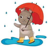 Cartoon character cute hare in rubber boots and with an umbrella, it is raining. Vector graphic.