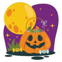 Set of Halloween illustrations. Pumpkin basket with sweets, candies. Background with big moon and stars. Vector graphic.