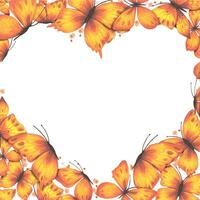 Heart shaped frame with abstract butterflies in orange and yellow tones, watercolor. Background with butterflies. vector