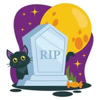 Set of Halloween illustrations. Tombstone, grave, candy, black cat. Background with big moon and stars. Vector graphic.