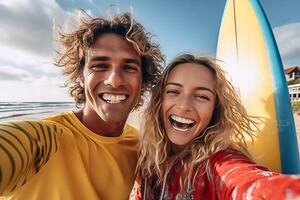 Surfer couple taking selfie on the beach ai generated photo