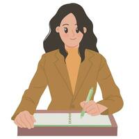 Bussiness woman with formal clothes doing her job writing something in her journal vector illustration