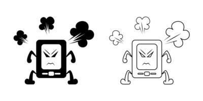 black and white illustration of angry smart phone cartoon. line art, silhouette, simple and sketch concept. used for mascot, logo, symbol, sign, print, drawing book, or coloring vector