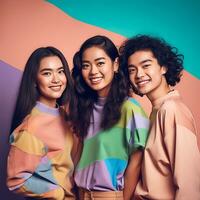 A group of Asian gen z models posing in modern Bold Modern style outfits ai generated photo