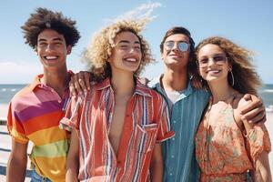 un grupo de gen z selfie en el playa ai generado foto