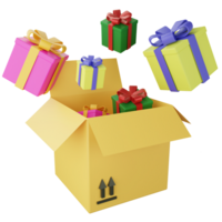 Surprise gift box from parcel box clipart flat design icon isolated on transparent background, 3D render logistic and delivery concept png