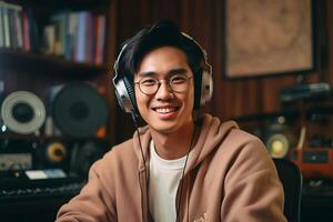 joven hombre en el podcast estudio ai generado foto