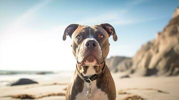 pitbull perro en el playa ai generado foto
