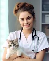 hermosa hembra veterinario con gato ai generado foto