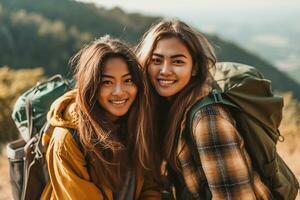 two happy women hiking, AI generated photo