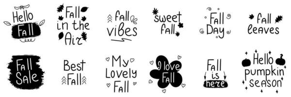 Hello Fall, Fall in the Air, Fall Vibes, Hello pumpkin season. Handwriting   text set. Fall short phrases collection in black color. Vector illustraiton.