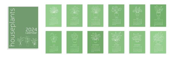 Houseplant 2024 calendar A4. Calendar 12 month. Week start Sunday. Hand drawn doodle houseplants calendars. Vector illustration.