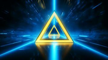 Cool blue geometric triangular figure background with a yellow neon laser light photo