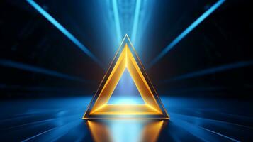 Cool blue geometric triangular figure background with a yellow neon laser light photo