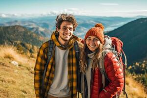 young couple hiking ai generated photo