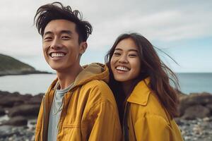 joven Pareja en el playa ai generado foto