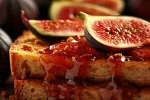 fig toast, macro shot of a fresh breakfast with Dripping Honey, AI Generated photo