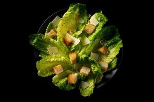 Caesar salad top view black background Generative AI photo