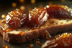 Saudi Arab Dates toast, macro shot of a fresh breakfast with Dripping Honey, AI Generated photo