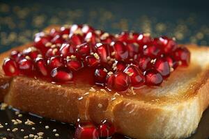 Pomegranate toast, macro shot of a fresh breakfast with Dripping Honey, AI Generated photo