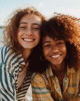 dos mejor amigos selfies en el playa ai generado foto