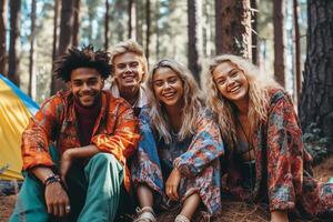 gen z cámping en el bosque ai generado foto