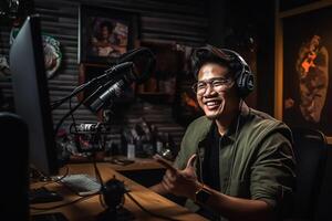 joven hombre en el podcast estudio ai generado foto