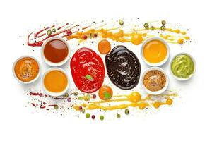 Selection of sauces with different colors on a white, Generative AI photo