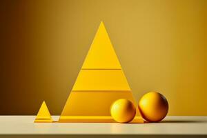 Geometrical figures in yellow still life composition showcasing simplicity concept prism pyramid rectangular cube objects photo