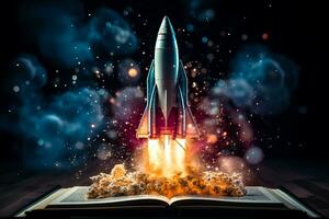Rocket launches from an open book spaceship lifts off from a dictionary illustrating successful startup and education with AI generative creativity photo