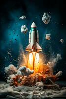 Rocket launches from an open book spaceship lifts off from a dictionary illustrating successful startup and education with AI generative creativity photo