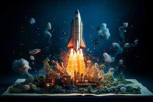 Rocket launches from an open book spaceship lifts off from a dictionary illustrating successful startup and education with AI generative creativity photo