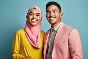 asiático Pareja de musulmán Moda modelos foto estudio ai generado