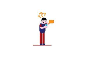 a man is holding a phone and looking at a question mark vector