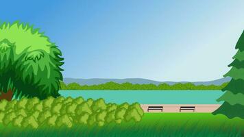 Landscape of mountains and lakes. vector illustration. Cartoon flat panorama of spring summer beautiful nature, green grasslands meadow with flowers, forest, scenic blue lake and mountains