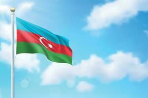 Waving flag of Azerbaijan on sky background. Template for independence vector