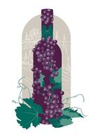 Retro poster with a bottle filled with bunches of dark grapes on the background of a winery landscape. flat vector illustration