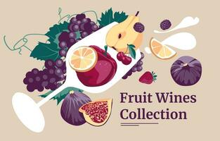 wine glass with a bunch of grapes, citrus fruits, various fruits, berries. Retro style. Flat vector illustration. A collection of fruit wines